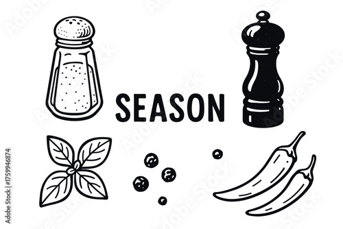 Spice illustration: salt, pepper, herbs, and chili icons for seasoning