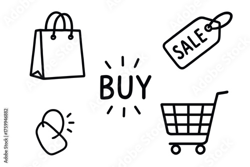Shopping icons featuring bag, sale tag, cart, and mouse click symbols