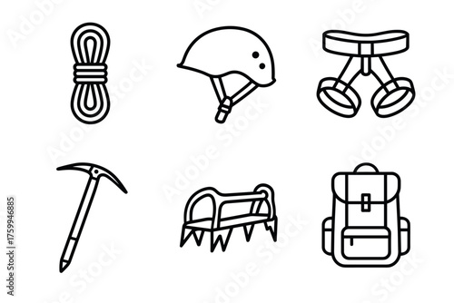 Essential mountaineering gear: rope, helmet, harness, ice axe, crampons, backpack icons