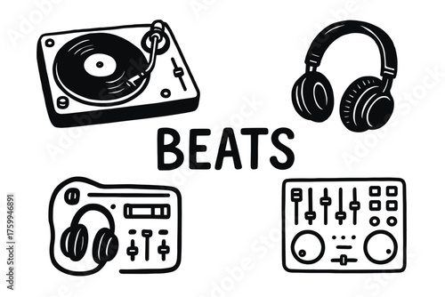 Dj equipment illustration: turntable, headphones, mixer, controller with 'beats' text