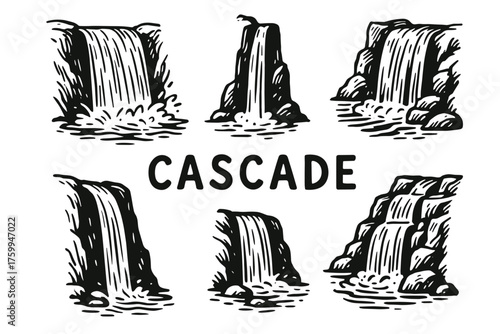 Retro illustrations of diverse waterfalls featuring bold cascades