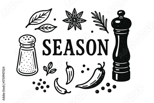 Black and white seasoning illustration with salt, pepper, and spices