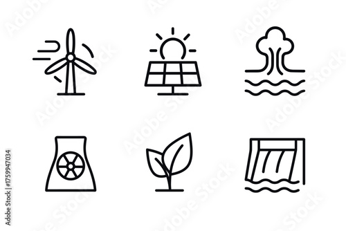 Renewable energy icons: wind, solar, hydro, nuclear, biomass, geothermal