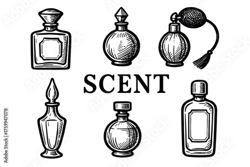 Vintage perfume bottle collection in hand-drawn style