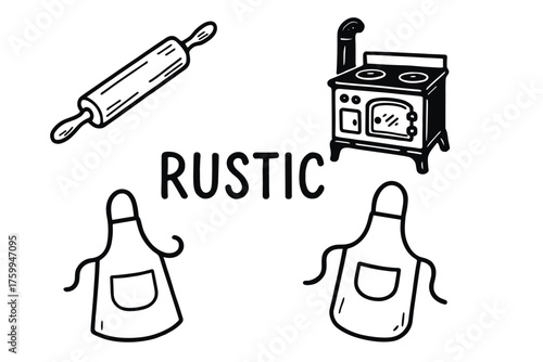 Rustic kitchen elements: stove, rolling pin, and aprons illustration