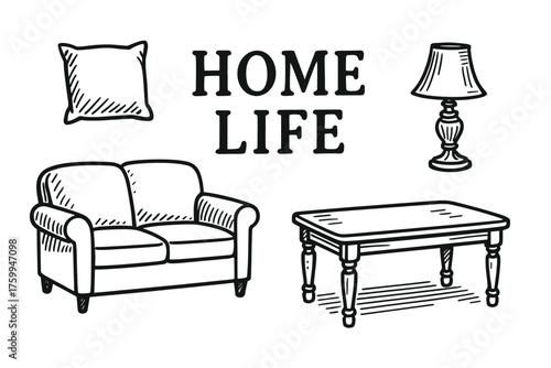 Cozy home interior with sofa, pillow, coffee table, and lamp illustration