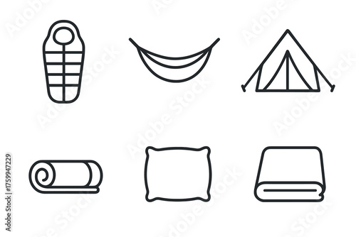 Camping essentials: tent, sleeping bag, hammock, pillow, blanket, mat icons