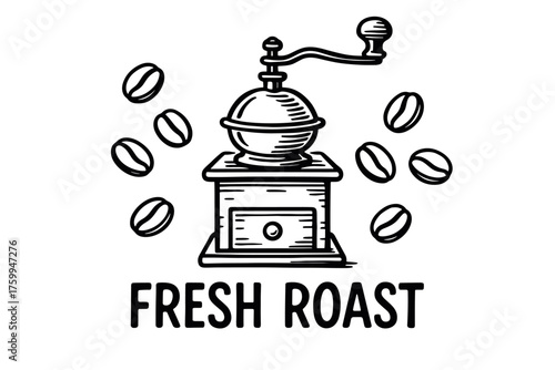 Vintage coffee grinder with beans and fresh roast text illustration