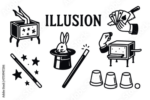 Magic illusion icons: wand, hat, cards, trick box, stars, cups