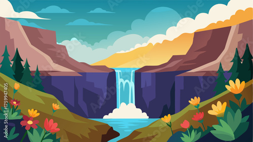 A cascading waterfall spills into the depths of the river gorge surrounded by vibrant wildflowers and rocky outcroppings.