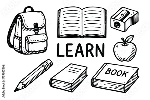Doodle style education elements: backpack, books, pencil, and learning tools