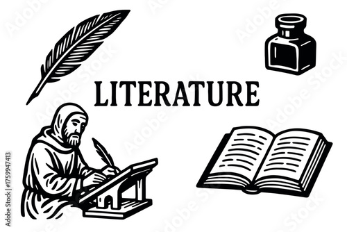 Medieval literature theme: monk writing, quill, open book, ink pot illustration