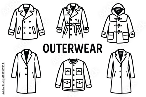 Collection of various outerwear styles: coats, jackets, and raincoats illustration