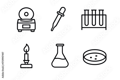 Laboratory equipment icons: centrifuge, pipette, test tubes, bunsen burner, flask, petri dish