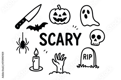 Scary halloween icons: pumpkin, ghost, skull, spider, candle, knife, bat, grave, hand
