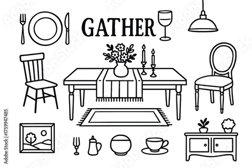 Dining room illustration with table, chairs, decor elements and 'gather' text