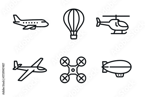Set of line icons: airplane, hot air balloon, helicopter, drone, glider, blimp