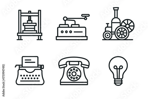 Vintage technology icons: printing press, telegraph, steam tractor, typewriter, rotary phone, light bulb
