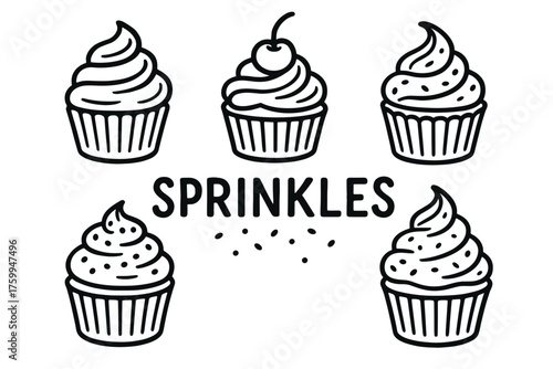 Cupcake designs with sprinkles and cherry toppings in black and white illustration