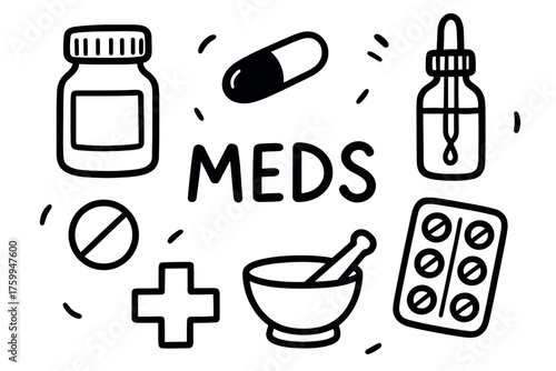 Medical outline: pills, bottle, mortar, cross, dropper, tablets, medicine theme