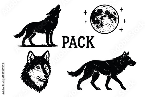 Wolf pack silhouettes and moon design with wolf howling