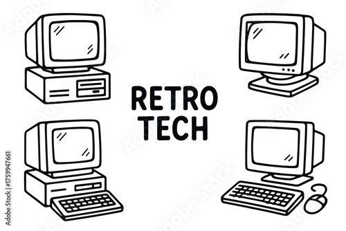 Retro tech: vintage computers and monitors in black and white illustration