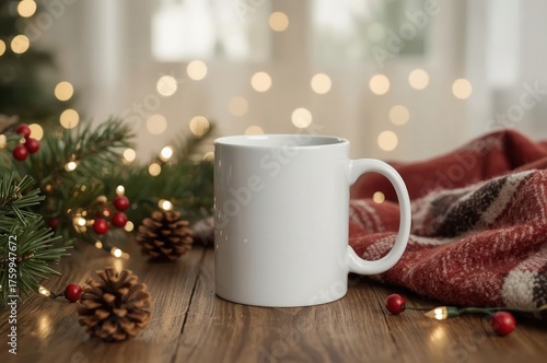 Wallpaper Mural A white mug surrounded by holiday decor, sits atop a rustic wooden table, exuding festive warmth. Torontodigital.ca