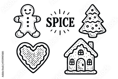 Festive spice and gingerbread icons: heart, tree, house, figure