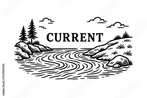 Black and white river current illustration with hills and trees