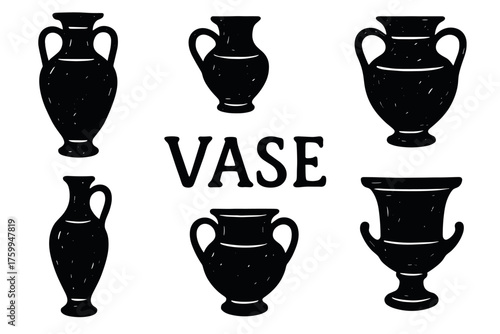 Collection of vintage black vases with handles in various shapes and sizes