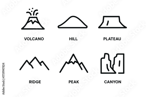 Volcano, hill, plateau, ridge, peak, canyon - geographical feature icons