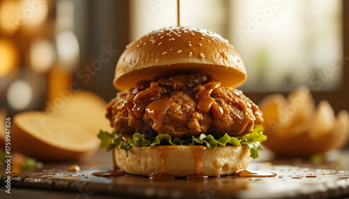 Gourmet Crispy Fried Chicken Sandwich with Golden Sauce Drizzle