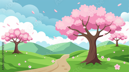Amidst the fluttering petals a serene landscape of lush green grass and gentle rolling hills can be found in this idyllic cherry blossom grove.