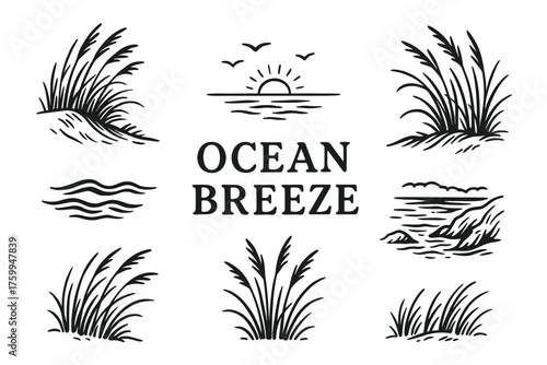 Ocean breeze: scenic sunset, seagrass, and waves illustration