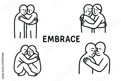 Embrace illustration: multiple expressive minimalist hugs black and white