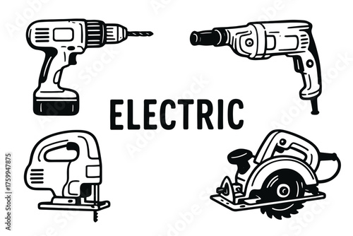 Collection of electric power tools: drill, jigsaw, circular saw, hammer drill