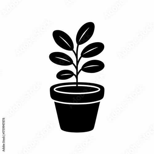Potted Plant Silhouette Icon Isolated on White Background
