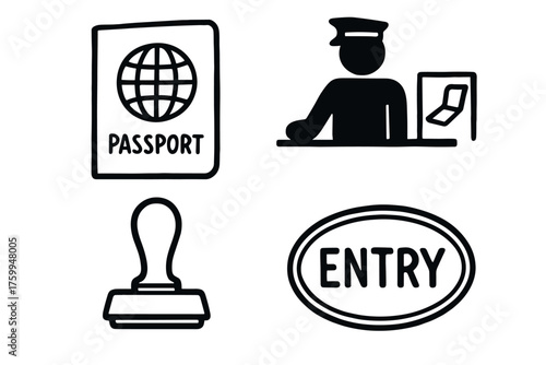 Passport control icons: passport, officer, stamp, entry symbol
