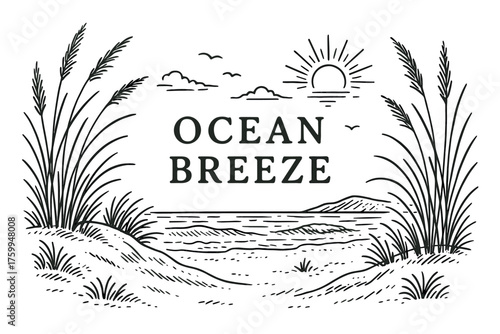 Coastal scene with ocean breeze: sun, sea, and grassy dunes in line art