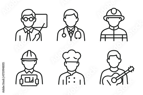 Line art of professions: teacher, doctor, firefighter, engineer, chef, musician