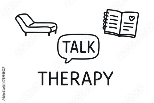 Talk therapy symbol: couch and open book illustration
