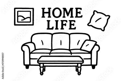Home life: cozy living room with sofa, pillow, table, and wall art illustration