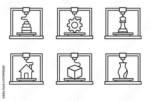 Set of 3d printers creating diverse objects: chess piece, house, gear, vase, cube