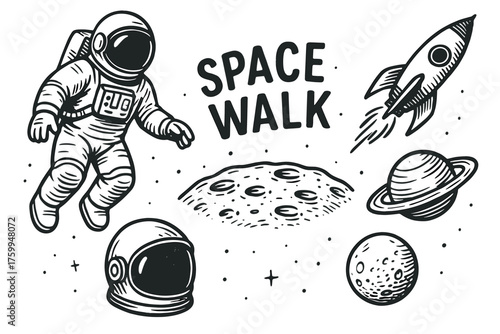 Astronaut in space walk with planets, rocket, and helmet illustration