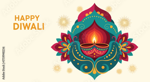 Vector illustration of a decorative Diwali diya with floral patterns and fireworks, symbolizing light, joy, and celebration, perfect for festive greeting cards and holiday marketing designs