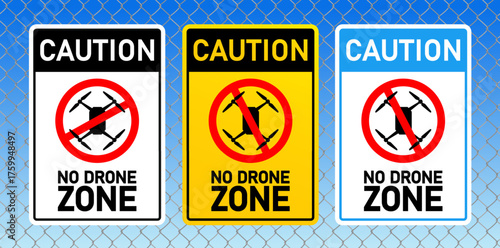 Set of sign No Drone bright, accent sign on a fence surrounding an airport, serving as a warning for unauthorized aerial drone. Importance of safety, security. Collection of vector sign white, yellow.