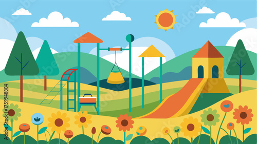 A familyfriendly playground with swings slides and climbing structures surrounded by fields of sunflowers and offering unobstructed views of the vast country park.