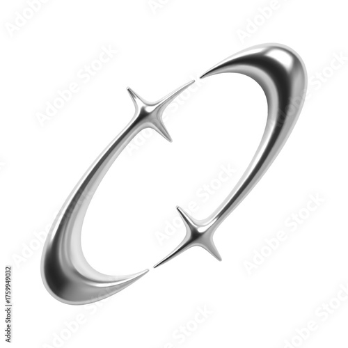 Two chrome 3d stars with curved tails forming orbit-like abstract shape reflecting Y2K aesthetic