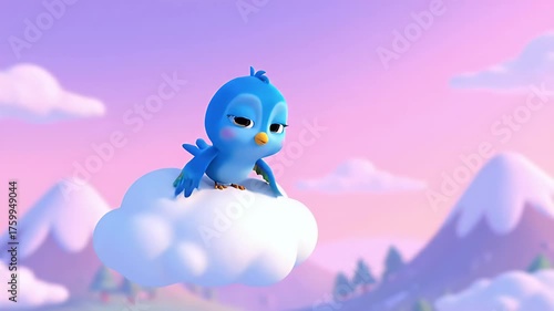 Cartoon Bluebird Resting on a Cloud in a Dreamy Landscape, Animation Style