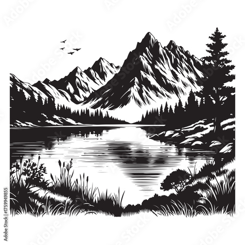 Lake and Mountain Beautiful Landscape Image Vector
